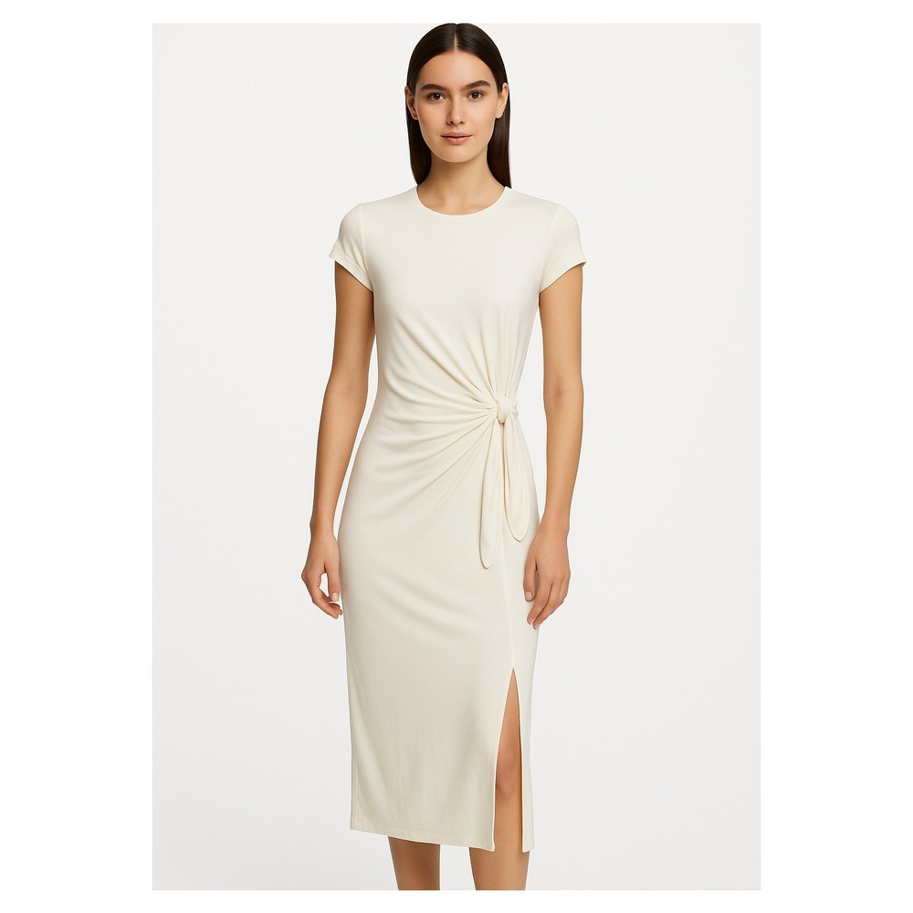 Wilfred Fortune Tie Front Midi Dress Cream M ECOVERO Soft Drape Side Slits Midi